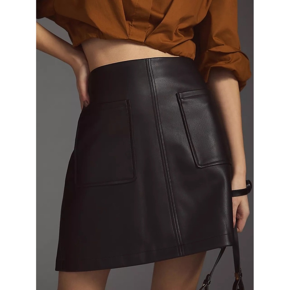 Anthropologie Maeve Large Black Faux Leather Mini Skirt Patch Pockets Edgy